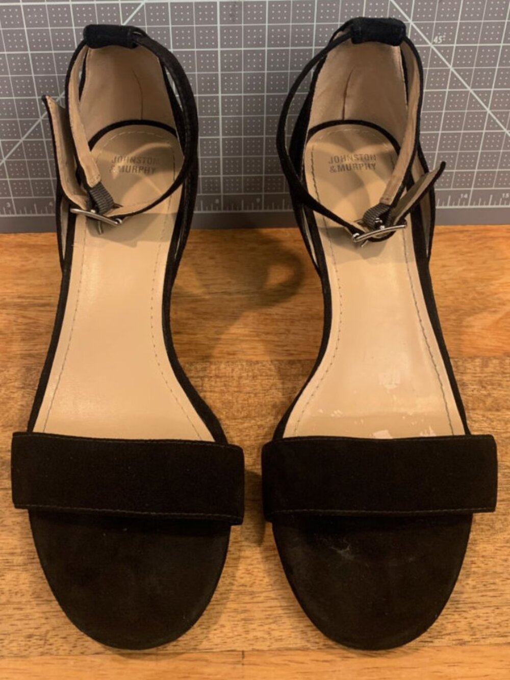 Johnston & Murphy, black suede heels with ankle strap